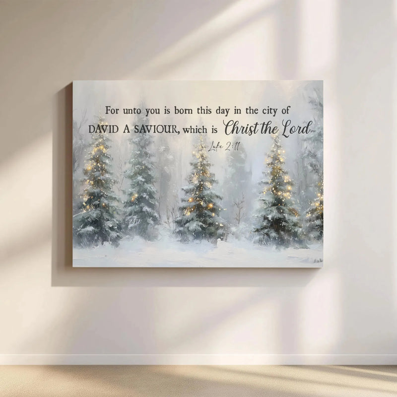Snowy Winter Forest Christmas Scripture Poster, Luke 2:11 Bible Verse Wall Art, Christian Holiday Print, Digital Download Pine Decor