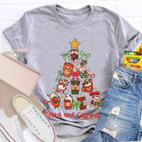 Coffee Christmas Tree Holiday Graphic Tee, Merry and Caffeinated Christmas T-Shirt, Festive Coffee Lover Xmas Shirt