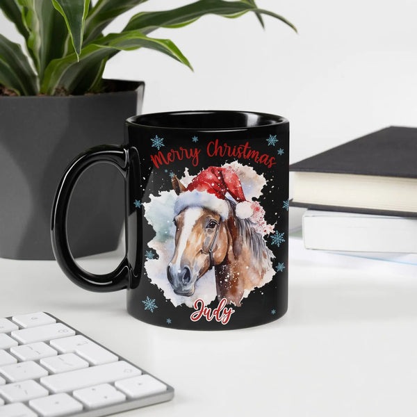 Watercolor Santa Hat Horse Mug, Merry Christmas Horse Mug, Holiday Equestrian Coffee Cup, Ceramic Tea Mug Present for Horse L
