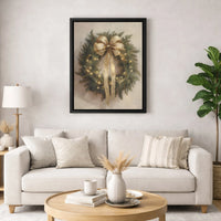 Gold Bow Holiday Lights Canvas Print, Christmas Wreath Canvas Wall Art, Painterly Xmas Canvas Decor, Festive Winter Wall Art Holiday Present