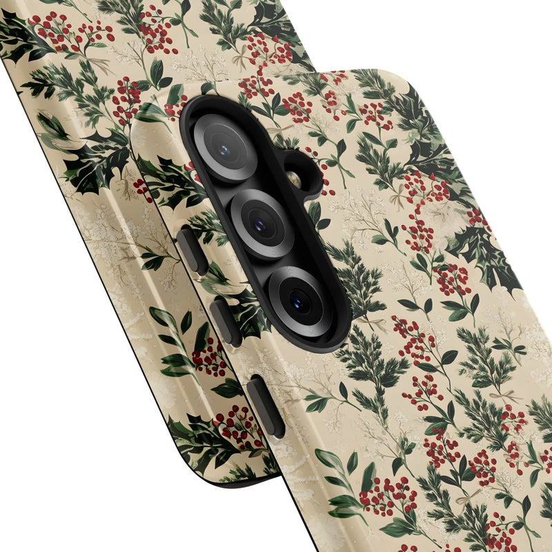 Vintage Botanical Berries Phone Cover, Christmas Holly Samsung Phone Case, Dual-Layer Tough Phone Case, Festive Winter Holiday Xmas Present