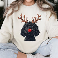 Reindeer Dog Holiday Sweater, Black Goldendoodle Christmas Sweatshirt, Adorable Doodle Dog Xmas Crewneck, Dog Mom Dog Dad Pullover Present