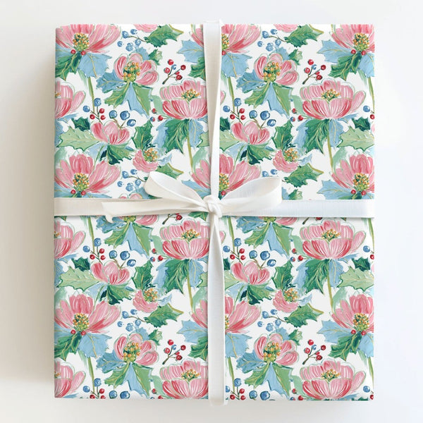 Watercolor Floral Gift Wrap, Pink Christmas Rose Wrapping Paper, Holly Berry Christmas Wrapping Paper, Elegant Winter Holiday