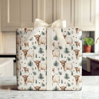 Rustic Winter Calf Gift Wrap, Highland Cow Christmas Wrapping Paper, Farmhouse Pine Tree Wrapping Paper, Watercolor Cow Holiday Gift Wrap
