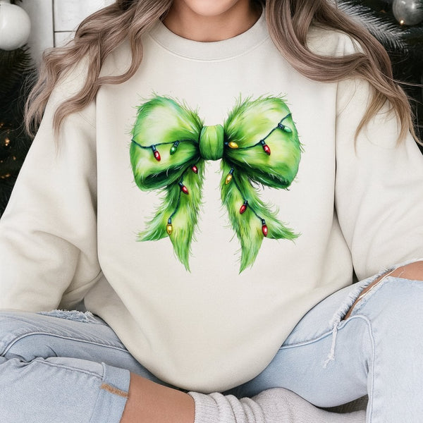Christmas Lights Coquette Holiday Sweatshirt, Furry Green Bow Sweatshirt, Adorable Xmas Aesthetic Crewneck, Festive Winter Pu