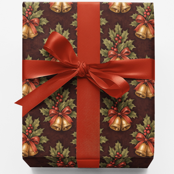 Holly Berry Christmas Gift Wrap, Vintage Gold Bell Wrapping Paper, Traditional Holiday Wrapping Paper, Elegant Winter Gift Wr