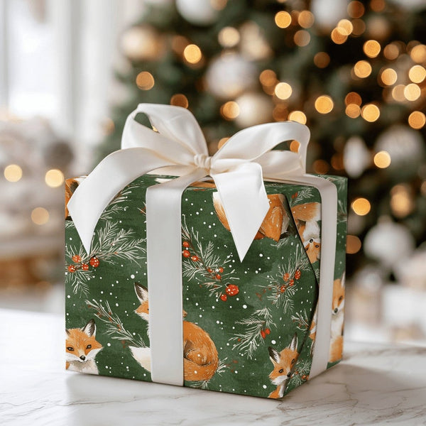 Snowy Pine Holiday Gift Wrap, Woodland Fox Christmas Wrapping Paper, Red Fox Winter Wrapping Paper, Rustic Forest Gift Wrap, 