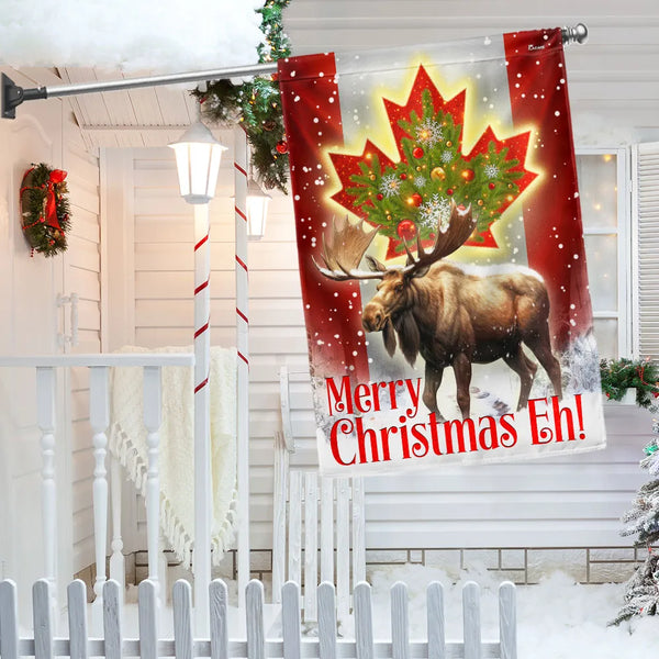 Moose Maple Leaf Merry Christmas Eh Yard Flag, Canadian Christmas Garden Flag, Double-Sided Winter Holiday Lawn Flag, Canada 