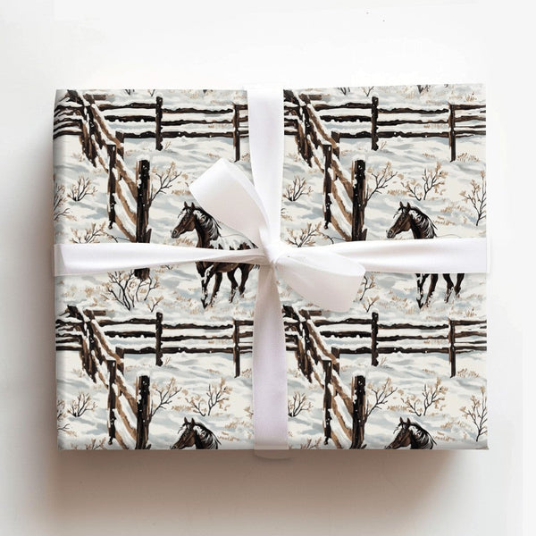 Snowy Equestrian Gift Wrap, Winter Horse Wrapping Paper, Rustic Pinto Horse Christmas Wrapping Paper, Farm Holiday Present Wr