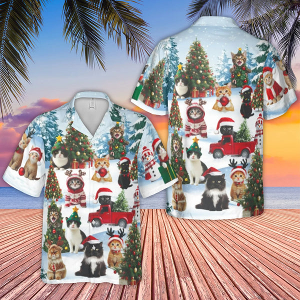 Santa Hat Kitten Aloha Shirt, Christmas Cat Hawaiian Shirt, Holiday Party Button Up Shirt, Festive Meowy Xmas Beach Shirt, Ca