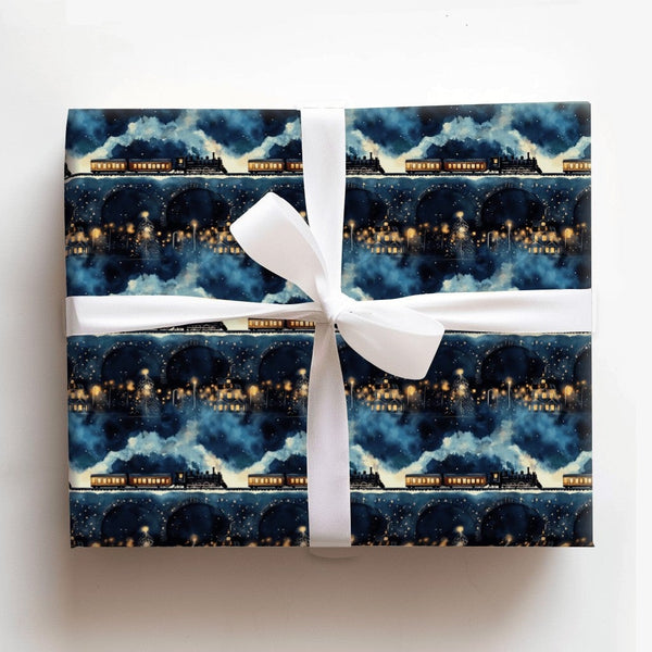 Snowy Village Holiday Gift Wrap, Christmas Train Wrapping Paper, Vintage Steam Train Winter Wrapping Paper, Festive Night Sce