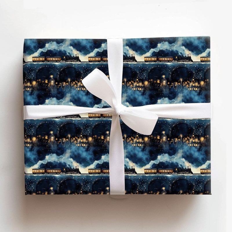 Snowy Village Holiday Gift Wrap, Christmas Train Wrapping Paper, Vintage Steam Train Winter Wrapping Paper, Festive Night Scene Gift Wrap