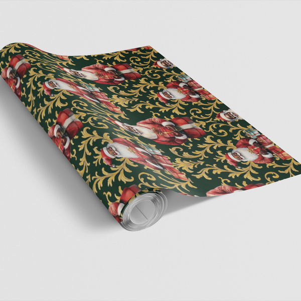 Gold Damask Christmas Gift Wrap, Black Santa Wrapping Paper, Navy Gold Santa Present Paper, Black Santa Holiday Wrapping Pape