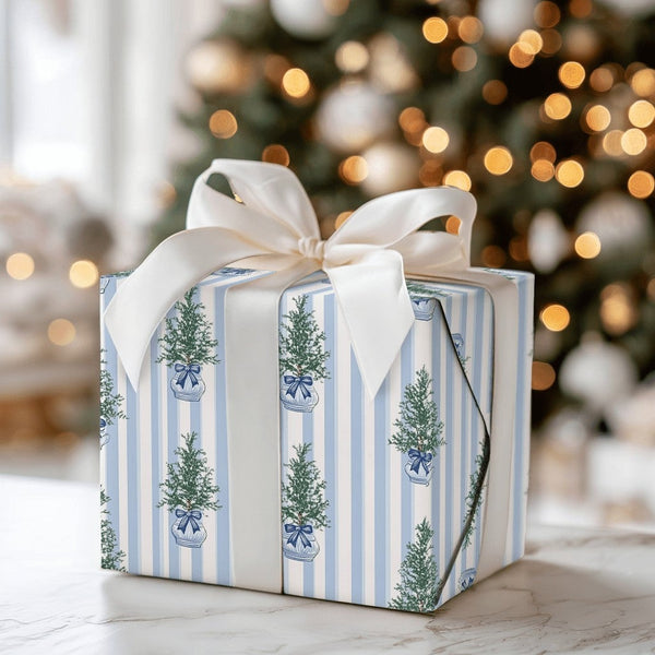 Blue and White Topiary Gift Wrap, Chinoiserie Christmas Tree Wrapping Paper, Grandmillennial Wrapping Paper, Holiday Striped 