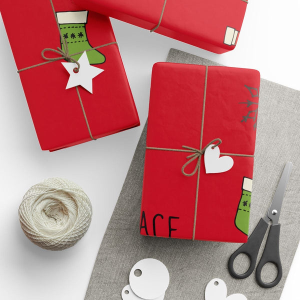 Peace Christmas Gift Wrap, Holiday Stockings Wrapping Paper, Festive Xmas Tree Gift Wrapping Paper, Winter Season Present Pap