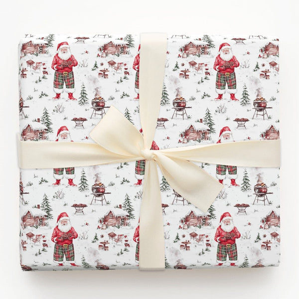 Humorous BBQ Christmas Wrapping Paper, Grilling Santa Wrapping Paper, Winter Cookout Holiday Gift Wrap, Grill Master Gift Wra