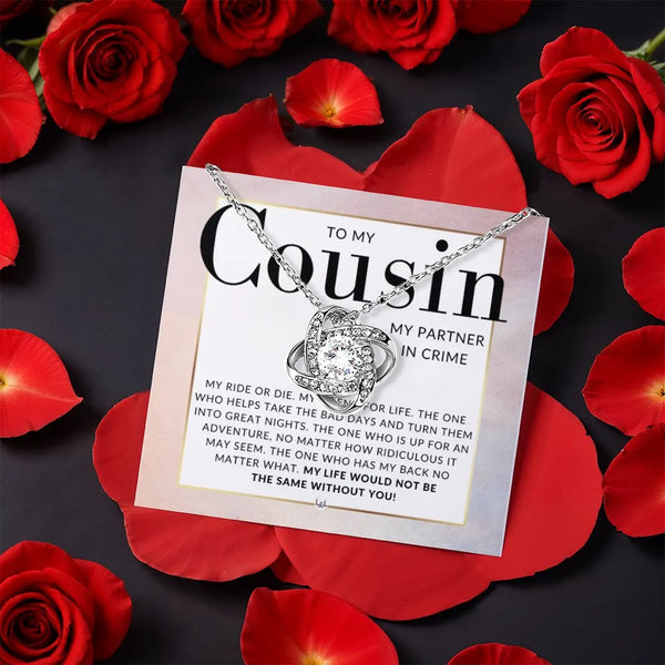 Sentimental Cousin Necklace, To My Cousin Love Knot Necklace, Sparkling Gold Finish Pendant Necklace, Rose Box Birthday Chris