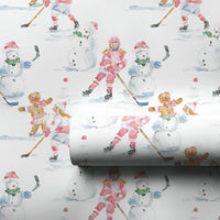 Gingerbread Holiday Gift Wrap, Pink Hockey Girls Snowman Wrapping Paper, Winter Sports Paper, Christmas Present Wrapping Paper, Girls Hockey