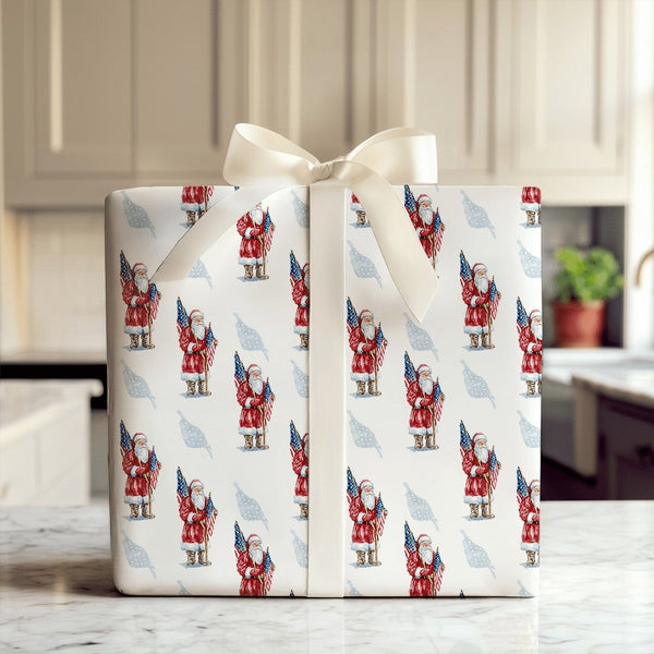 American Flag Christmas Wrapping Paper, Patriotic Santa Wrapping Paper, Vintage Santa Wrapping Paper, Military Holiday Gift W