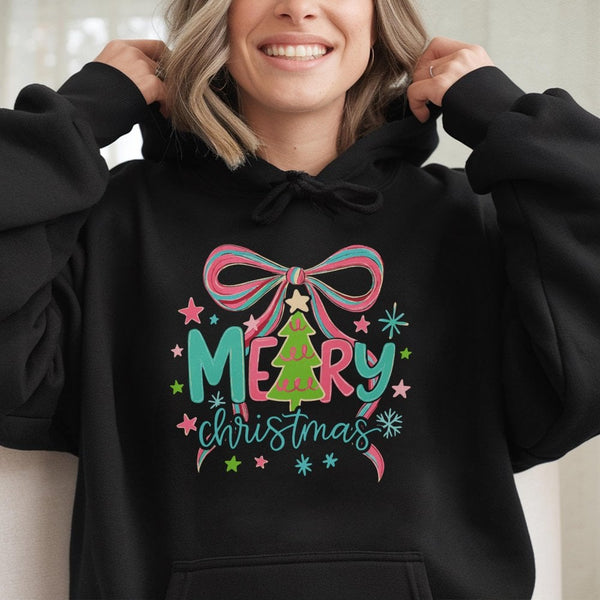 Pastel Bow Star Hooded Sweatshirt, Merry Christmas Tree Hoodie, Adorable Xmas Pullover Hoodie, Coquette Winter Holiday Hoodie