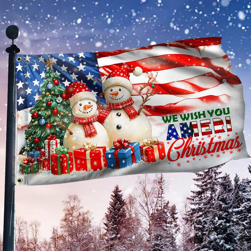 We Wish You Ameri Christmas Flag, Snowman Christmas House Flag, Patriotic Holiday Garden Flag, Double Sided Winter Yard Decor Banner Present