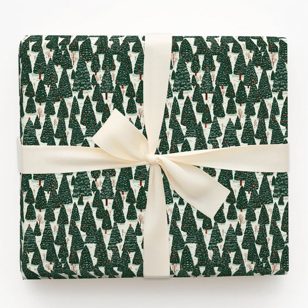 Snowy Pine Tree Gift Wrap, Winter Evergreen Forest Christmas Wrapping Paper, Rustic Woodland Wrapping Paper, Holiday Season P