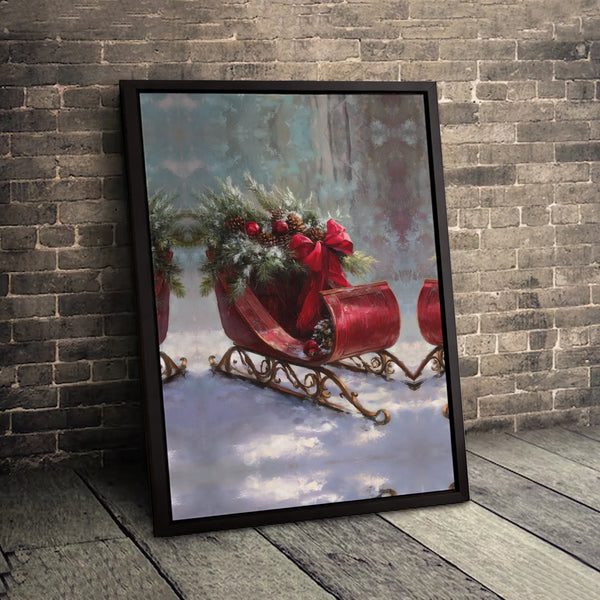 Snowy Pine Tree Wall Art, Vintage Christmas Sleigh Canvas Print, Festive Winter Holiday Poster, Digital Download Print, Chris