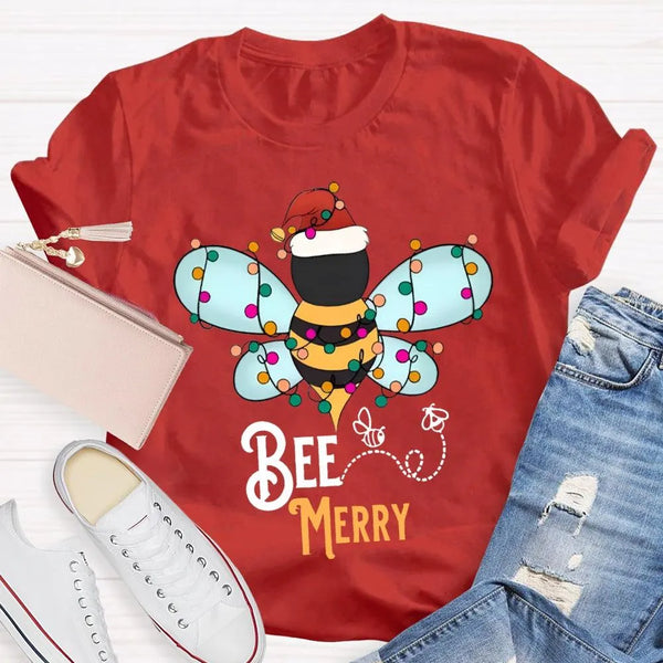 Santa Hat Honeybee Shirt, Bee Merry Christmas T-Shirt, Humorous Bee Lover Holiday Tee, Adorable Insect Xmas Graphic Tee, Chri
