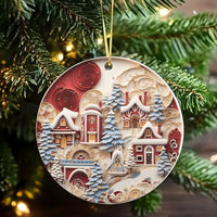 3D Papercut Style Snowy Village Ornament, Winter Village Christmas Ornament, Round Ceramic Holiday Tree Decor, Comfy Xmas Keepsake Present