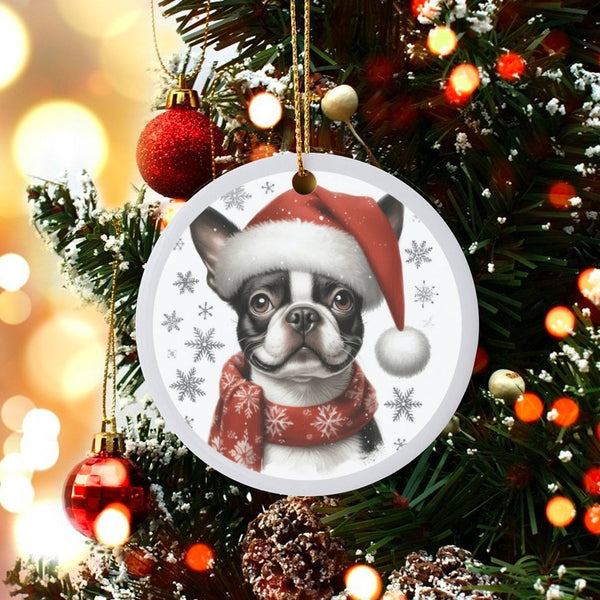 Santa Hat Dog Ornament, Boston Terrier Christmas Ornament, Boston Terrier Tree Ornament, Snowflake Dog Ceramic Ornament
