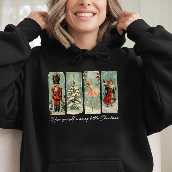 Retro Ballet Soldier Holiday Hooded Sweatshirt, Vintage Nutcracker Christmas Hoodie, Comfy Winter Xmas Pullover Hoodie, Coque