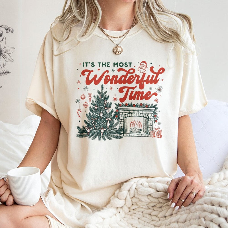 Vintage Christmas Tree Fireplace Tee, Its the Most Wonderful Time T-Shirt, Comfy Holiday Nostalgia Graphic Shirt, Festive Xmas Apparel