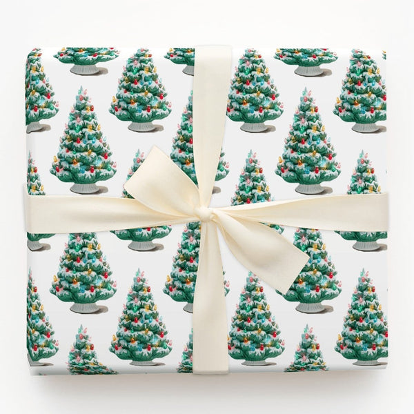 Flocked Tree Gift Wrap, Vintage Ceramic Christmas Tree Wrapping Paper, Nostalgic Retro Holiday Wrapping Paper, Festive Winter