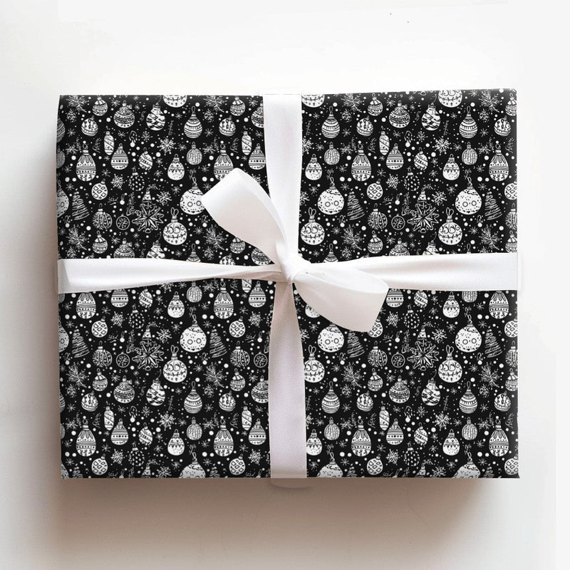 Black and White Ornament Gift Wrap Paper, Doodle Snowflake Christmas Wrapping Paper, Modern Holiday Present Wrapping Paper Roll