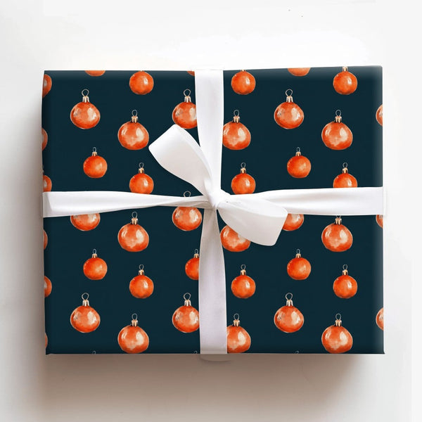 Navy Blue Holiday Gift Wrap, Orange Ornaments Christmas Wrapping Paper, Watercolor Baubles Wrapping Paper, Winter Season Pres