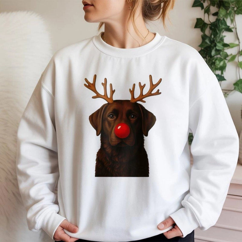 Reindeer Antlers Lab Dog Crewneck, Chocolate Labrador Christmas Sweatshirt, Adorable Xmas Dog Lover Pullover, Holiday Puppy Party Sweater