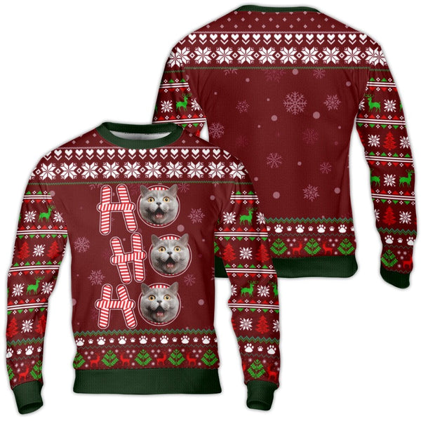 Custom Pet Photo Christmas Sweater, Custom Cat Ugly Sweater, Ho Ho Ho Cat Lover Holiday Sweater, Humorous Xmas Sweatshirt, Pr