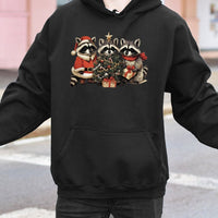 Adorable Holiday Forest Animal Sweatshirt, Christmas Raccoon Hoodie, Retro Winter Wildlife Graphic Hoodie, Festive Animal Lover Pullover Hoodie