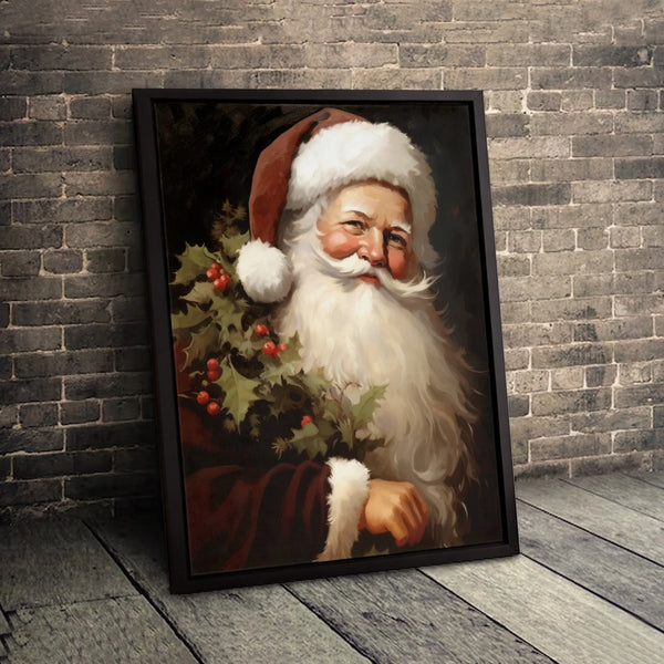 Classic Santa Canvas Print, Vintage Santa Claus Canvas Wall Art, Oil Portrait Holly Canvas, Festive Holiday Wall Decor, Chris