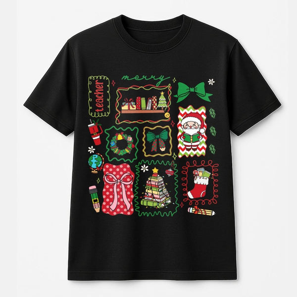 Retro School Supplies Holiday Tee, Merry Teacher Christmas T-Shirt, Festive Classroom Graphic Shirt, Adorable Winter Xmas Tea