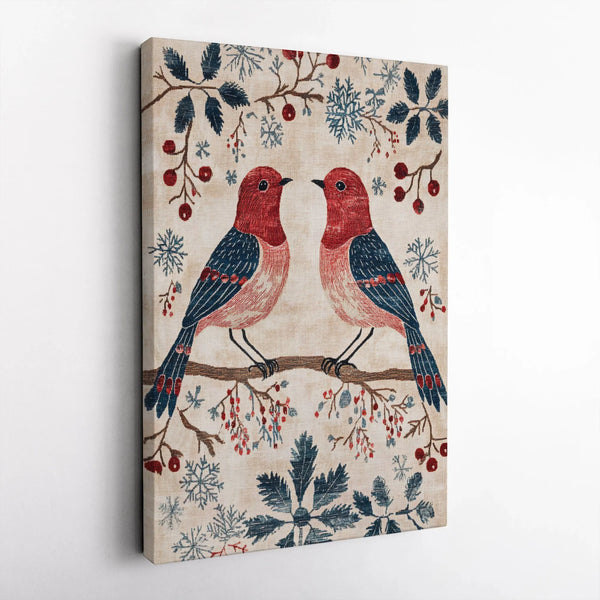 Folk Art Robins Canvas Print, Winter Birds Canvas Art, Snowflakes and Berries Wall Art, Rustic Holiday Canvas Decor, Christma