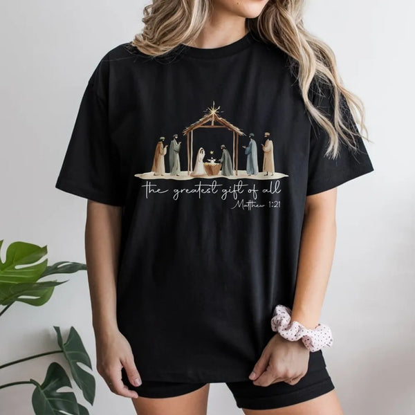 Christian Christmas Holiday Graphic Tee, Nativity Scene the Greatest Present T-Shirt, Jesus Religious Faith Shirt, Noel Winte