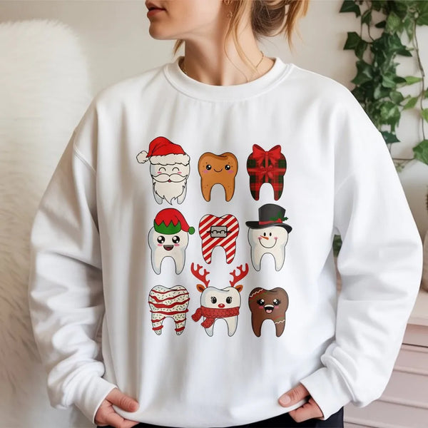 Humorous Dentist Holiday Crewneck, Christmas Teeth Sweatshirt, Dental Hygienist Xmas Pullover, Adorable Tooth Graphic Christm