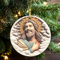Sunburst Halo Ceramic Ornament, Jesus Christ Christmas Ornament, 3D Relief Style Religious Decor, Christian Tree Keepsake Present
