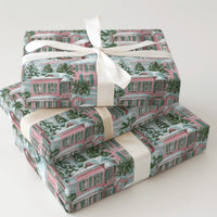 Pink Southern House Gift Wrap, Coastal Christmas Wrapping Paper, Palm Tree Holiday Wrapping Paper, Beach Xmas Gift Wrap, Winter Present Wrap