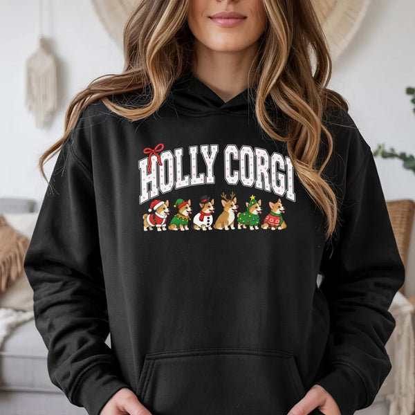 Humorous Corgi Dog Holiday Hooded Sweatshirt, Holly Corgi Christmas Hoodie, Retro Corgi Christmas Dog Hoodie, Corgi Lover Chr