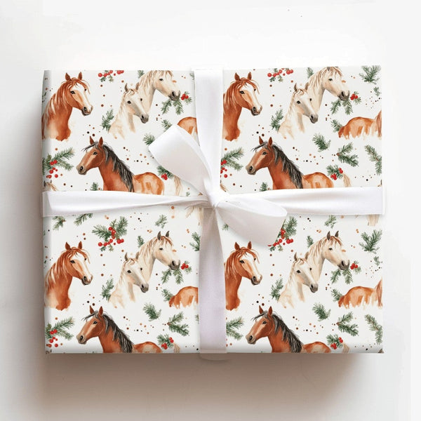 Watercolor Equestrian Gift Wrap, Horse Christmas Wrapping Paper, Festive Winter Horse Wrapping Paper, Pine Holly Gift Wrap, H