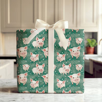 Adorable Watercolor Piglet Gift Wrap, Winter Pig Christmas Wrapping Paper, Dark Green Animal Wrapping Paper, Whimsical Holiday Present Gift Wrap