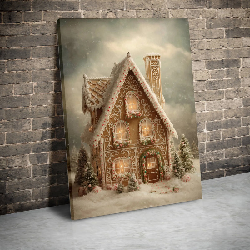 Snowy Holiday Canvas Decor, Gingerbread House Christmas Canvas Wall Art, Winter Wonderland Print, Festive Xmas Present for Family