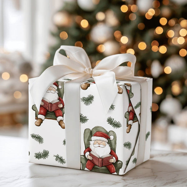 Book Lover Santa Claus Gift Wrap, Reading Santa Christmas Wrapping Paper, Comfy Watercolor Wrapping Paper Roll, Holiday Story